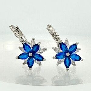 Blue Crystal Double Flower Jeweled Drop Earrings